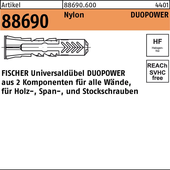 Dübel R 88690 DUOPOWER 12x 60 Nylon 25 Stück FISCHER