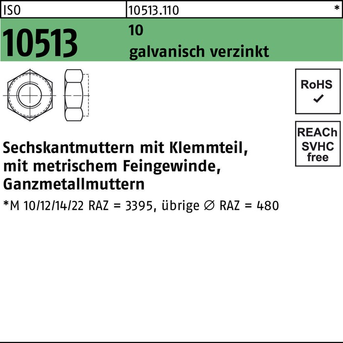 Sechskantmutter ISO 10513 m.Klemmteil M16x1,5 10 galv.verz. 50St.
