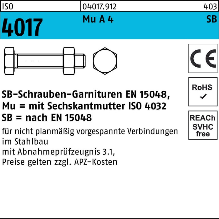 Sechskantschraube ISO 4017 VG Mutter M20x 50 A 4-70 SB 25 Stück