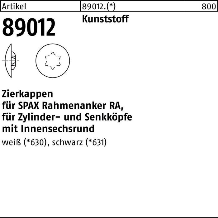 Kappe R 89012 weiss Ku. weiß 500 Stück SPAX