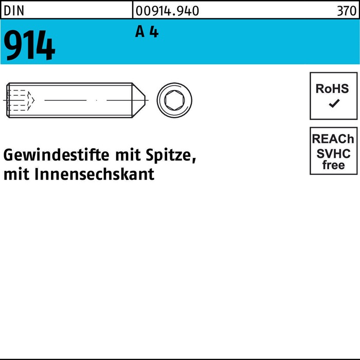Gewindestift DIN 914 Spitze/Innen-6kt M6x 16 A 4 500 Stück