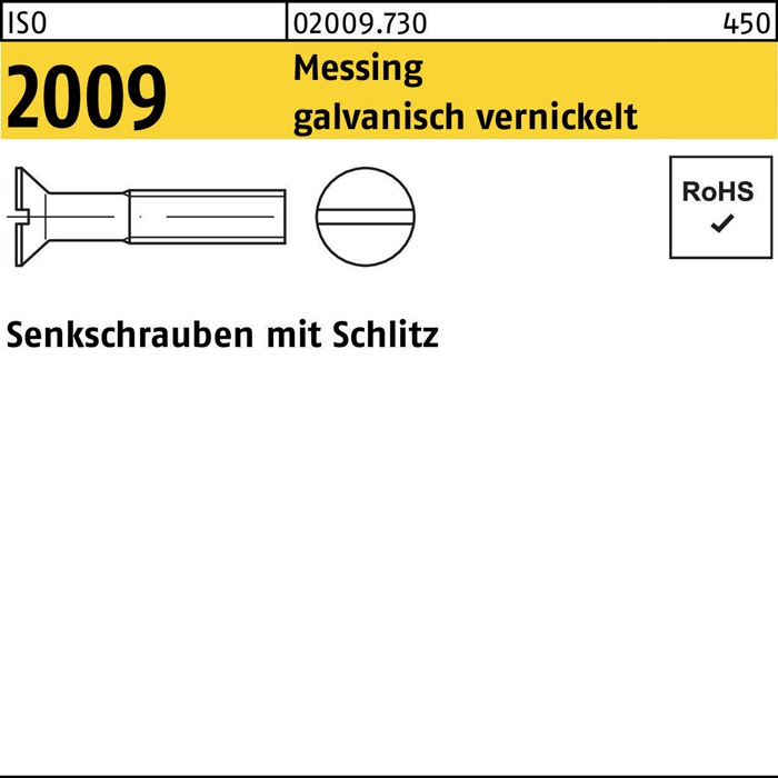 Senkschraube ISO 2009 Schlitz M3x 16 Messing galv. vernickelt 200 Stück