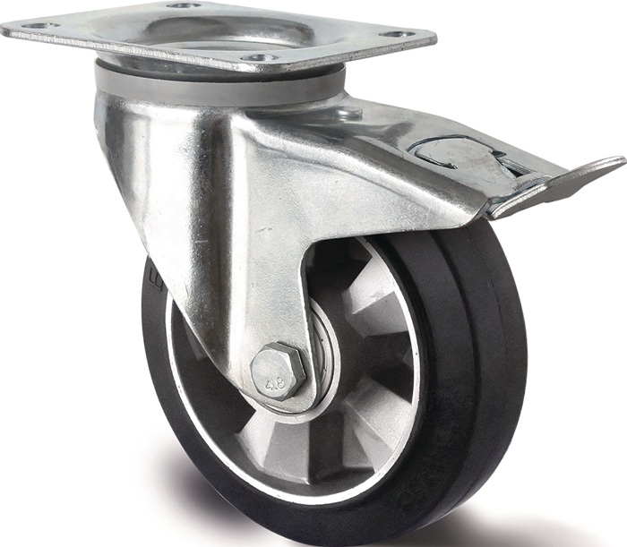 Schwerlastlenkrolle D.200mm Trgf.500kg Festst.Elastikgummi Bau-H.245mm TECWERK
