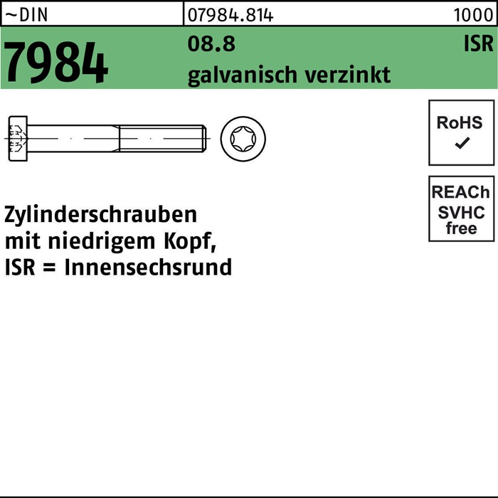 Zylinderschraube DIN 7984 ISR M6x25-T30 8.8 galv.verz. 500St.