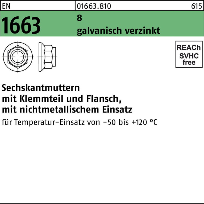 Sechskantmutter EN 1663 Klemmteil/Flansch M10 8 galv.verz. 100 Stück