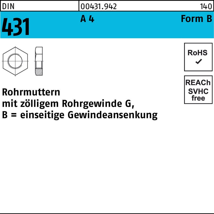 Rohrmutter DIN 431 BG 1/8 SW19 A 4 25 Stück