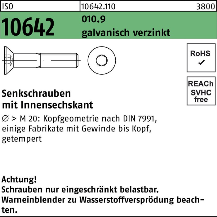Senkschraube ISO 10642 Innen-6kt M16x 80 010.9 galv.verz. 25St.