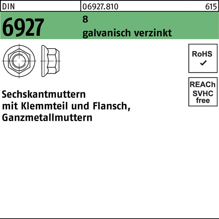 Sechskantmutter DIN 6927 Klemmteil/Flansch M8 8 galv.verz. 100 Stück