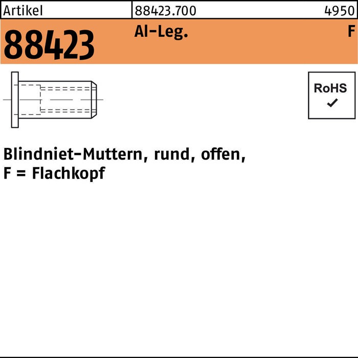 Blindnietmutter R 88423 FLAKO M6 /0,25-3,5 Aluminium 250 Stück