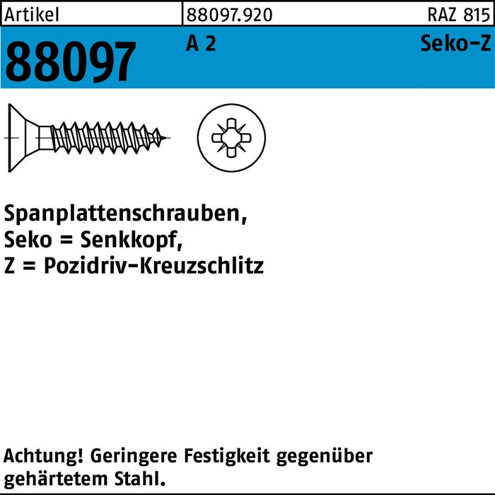 Spanplattenschraube R 88097 Seko PZ 4,5x 30-Z A 2 200 Stück
