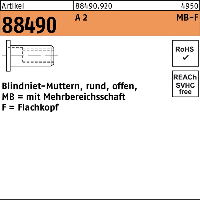 Blindnietmutter R 88490 FLAKO M8/0,5 - 6,5 A 2 100 Stück