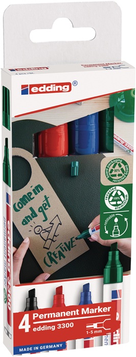 Permanentmarker-Set 3300 schwarz/rot/blau/grün Strich-B.1-5mm Keilspitze EDDING