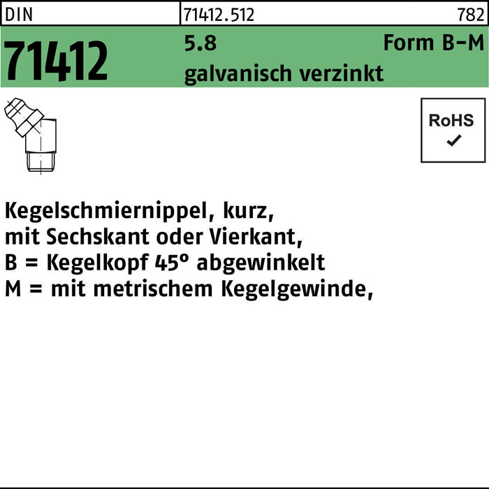 Kegelschmiernippel DIN 71412 FormB-M BM 6x1 SW 9 5.8 galv.verz. 100St.