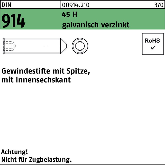 Gewindestift DIN 914 Spitze/Innen-6kt M8x50 45 H galv.verz. 100St.