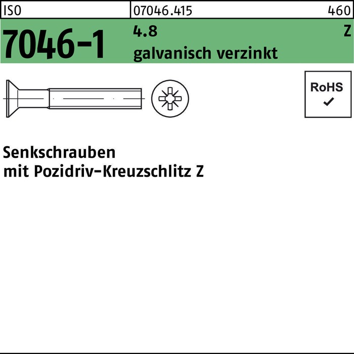 Senkschraube ISO 7046-1 PZ M3x25-Z 4.8 galv.verz. 2000St.