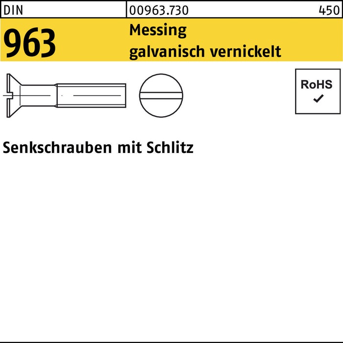 Senkschraube DIN 963 Schlitz M4x 16 Messing galv. vernickelt 200 Stück