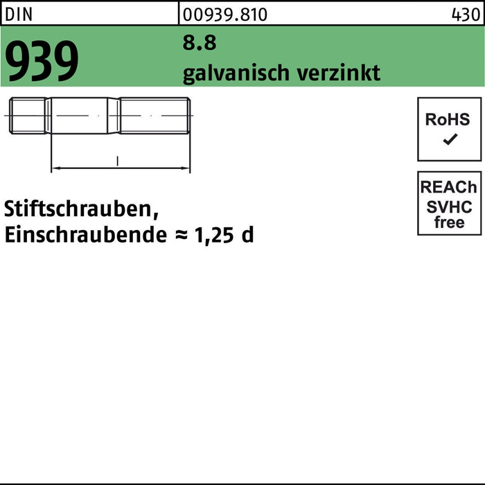 Stiftschraube DIN 939 M10x25 8.8 galv.verz. Einschraubende=1,25d 50St.