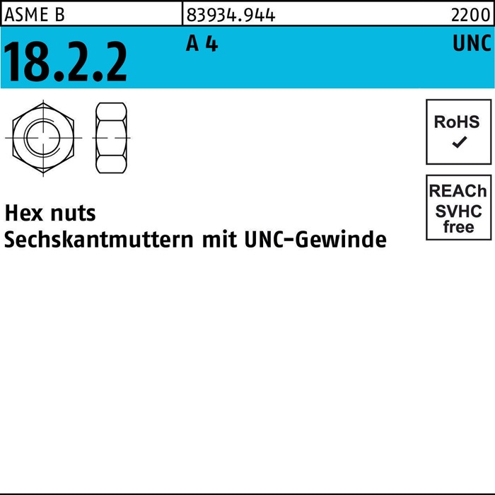 Sechskantmutter R 83934 UNC-Gewinde 1/4 A 4 100 Stück