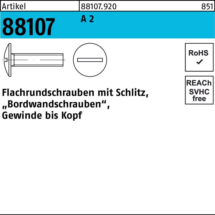 Flachrundschraube R 88107 Schlitz VG M8x 30 A 2 200 Stück