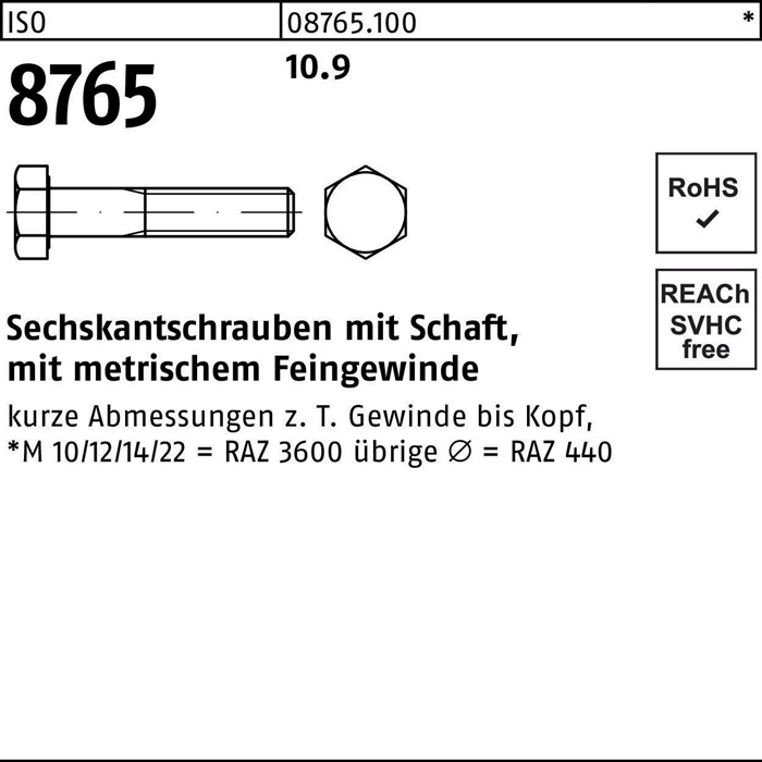 Sechskantschraube ISO 8765 Schaft M12x1,5x140 10.9 50 Stück