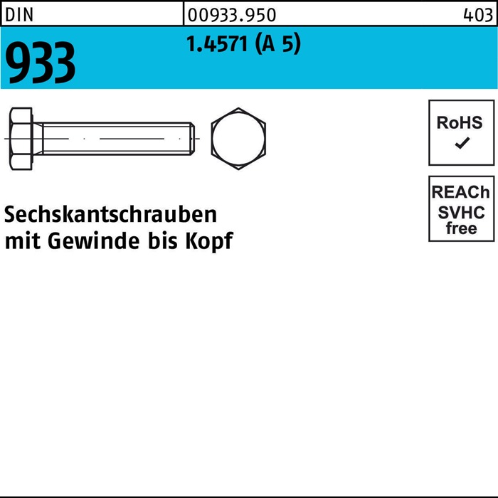 Sechskantschraube DIN 933 VG M10x 35 A 5 1 Stück