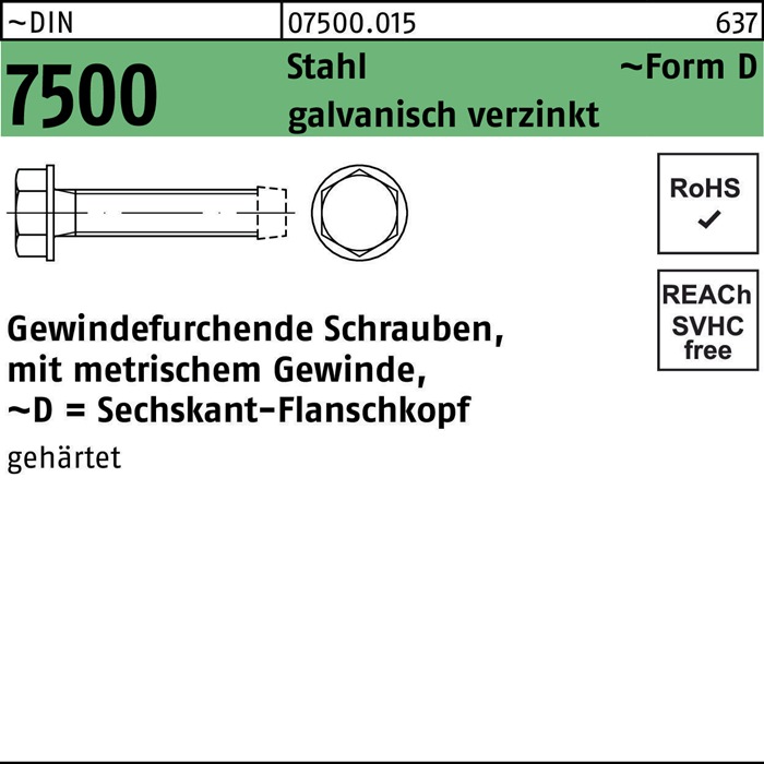 Gewindefurchendeschraube DIN 7500 6-ktflanschkopf DM 8x50 Sta galv.verz. 250St.