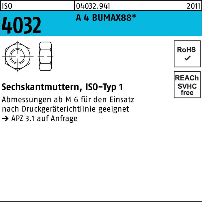 Sechskantmutter ISO 4032 M10 A 4 BUMAX88 50 Stück BUFAB