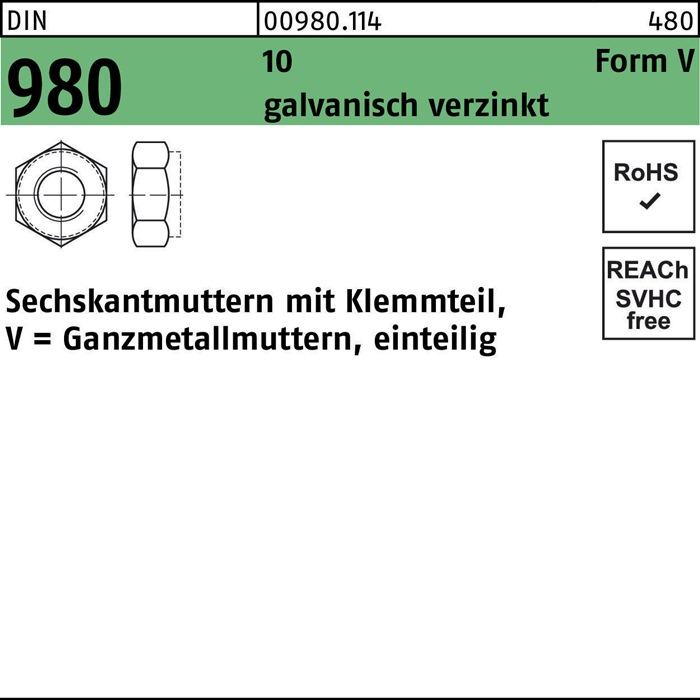 Sechskantmutter DIN 980 Klemmteil VM 20 10 galv.verz. 50 Stück