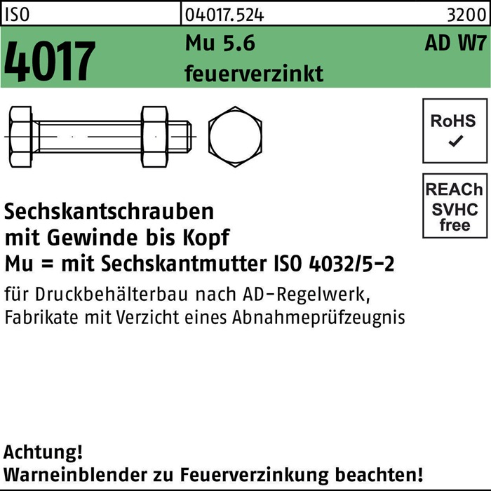 Sechskantschraube ISO 4017 VG Mutter M16x 55 5.6 AD W7 feuerverz. 50Stück