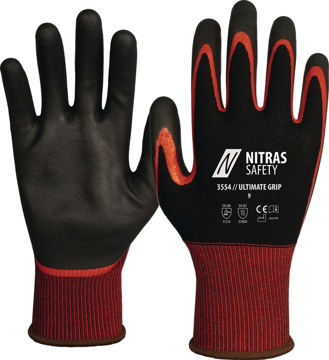 Handschuhe ULTIMATE GRIP Gr.10 schwarz/rot EN 388 EN 407 PSA II NITRAS