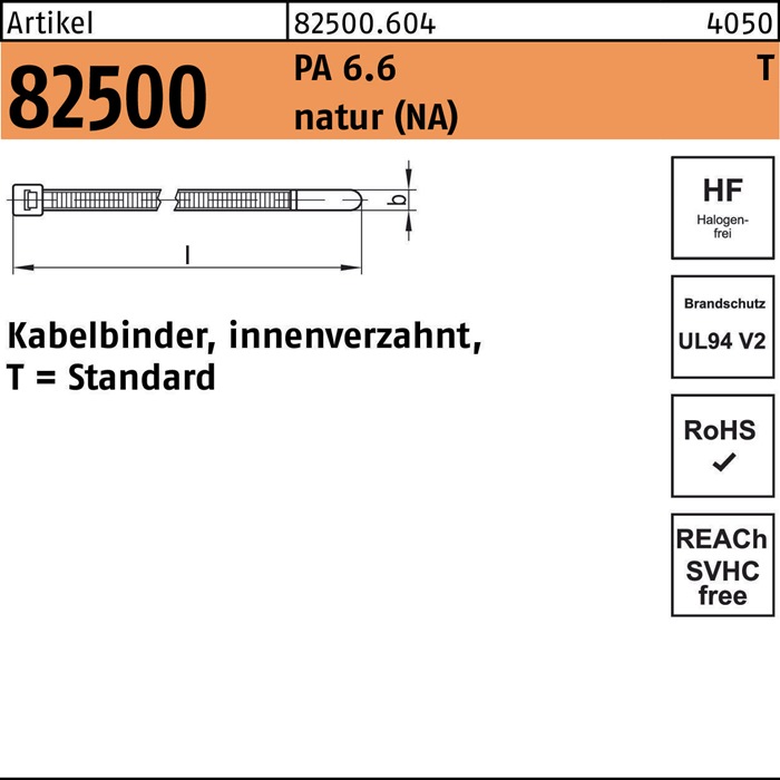 Kabelbinder R 82500 innenverz. 7,6x365/100 PA 6.6 natur 100St. HELLERMANNTYTON